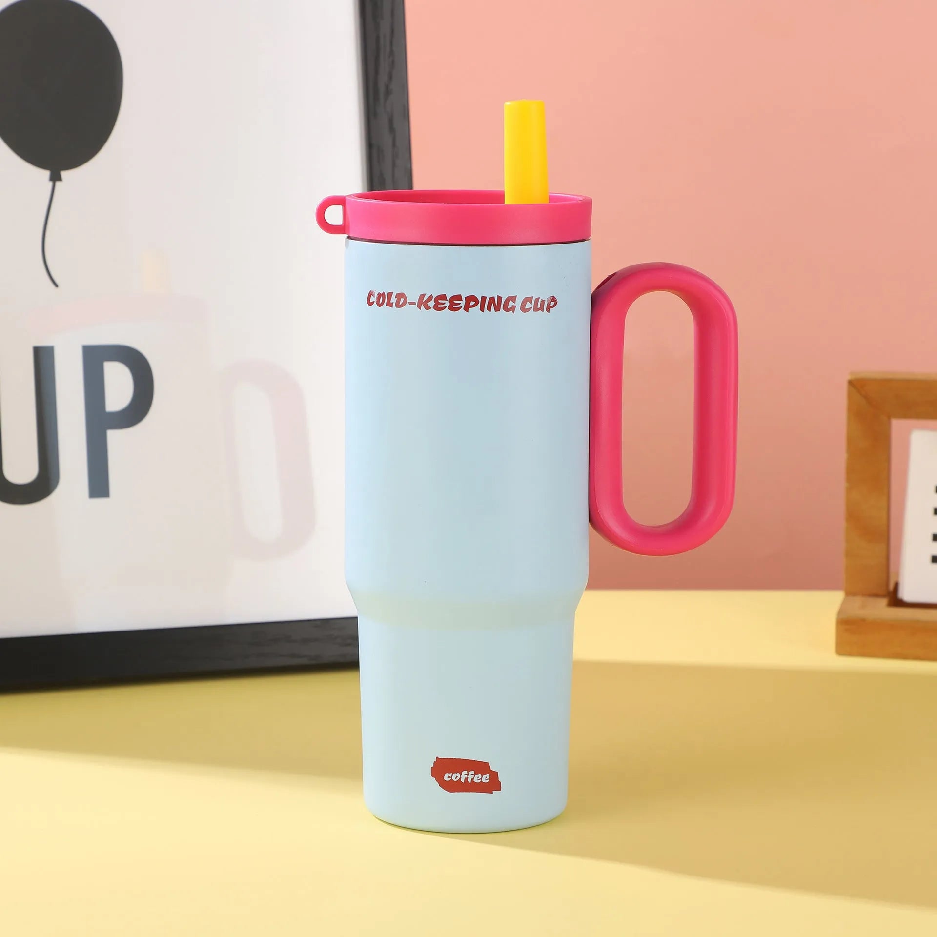 Large capacity portable insulated straw cup with handle in multiple colour options
