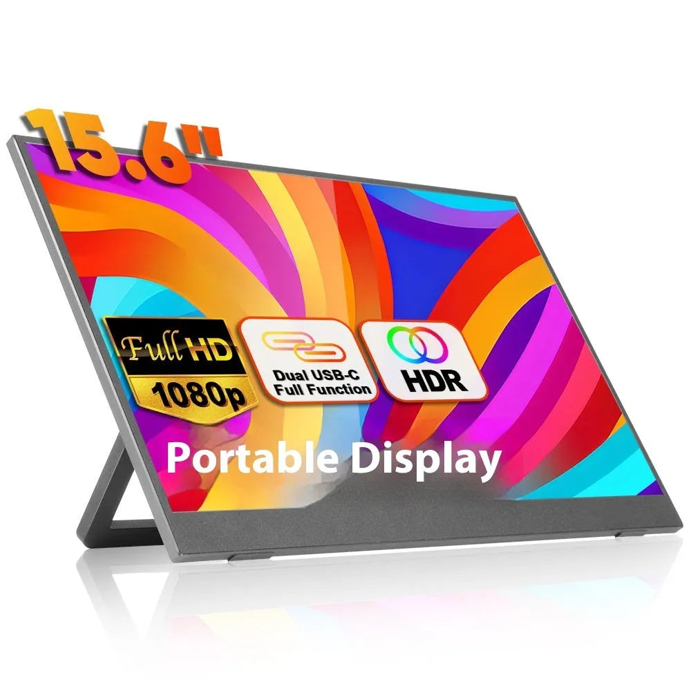 Black 15.6-inch portable USB-C monitor with adjustable stand on a desk next to a laptop