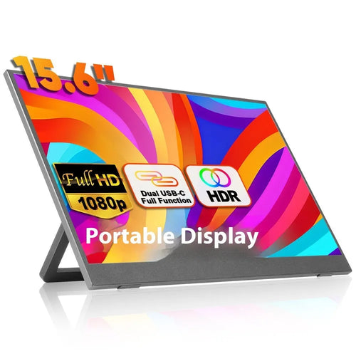 Black 15.6-inch portable USB-C monitor with adjustable stand on a desk next to a laptop