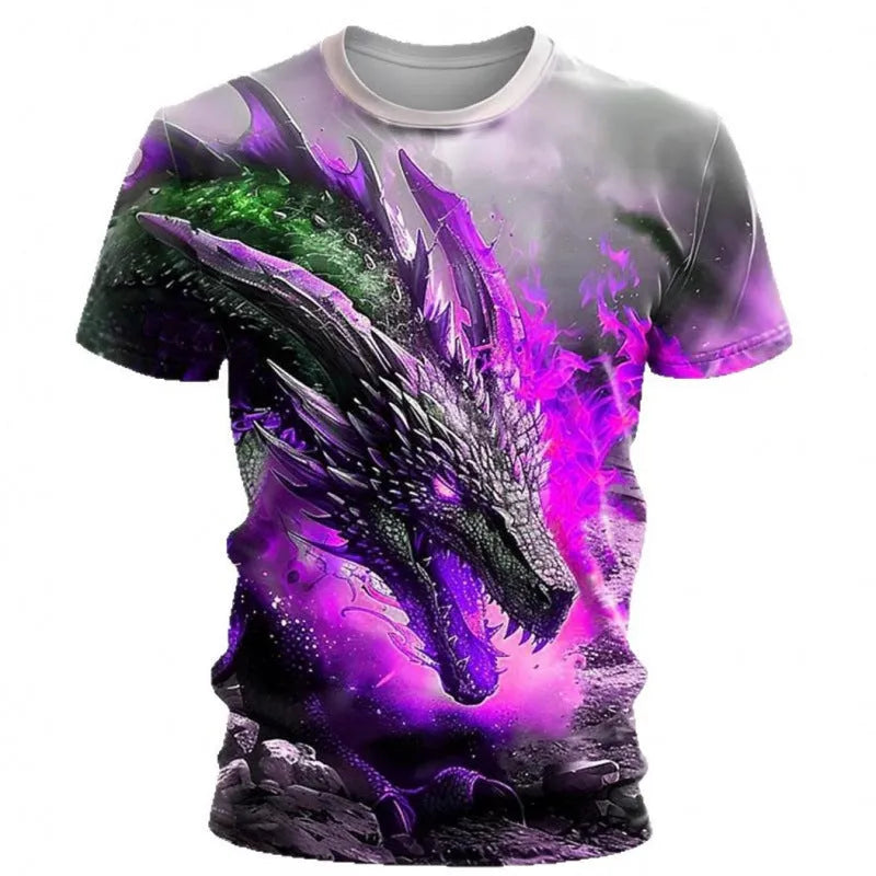 Men's grey T-shirt with a detailed 3D blue wind dragon print on the front.