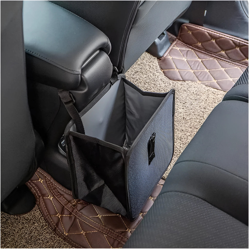 Black car folding trash can made from waterproof Oxford cloth, shown hanging