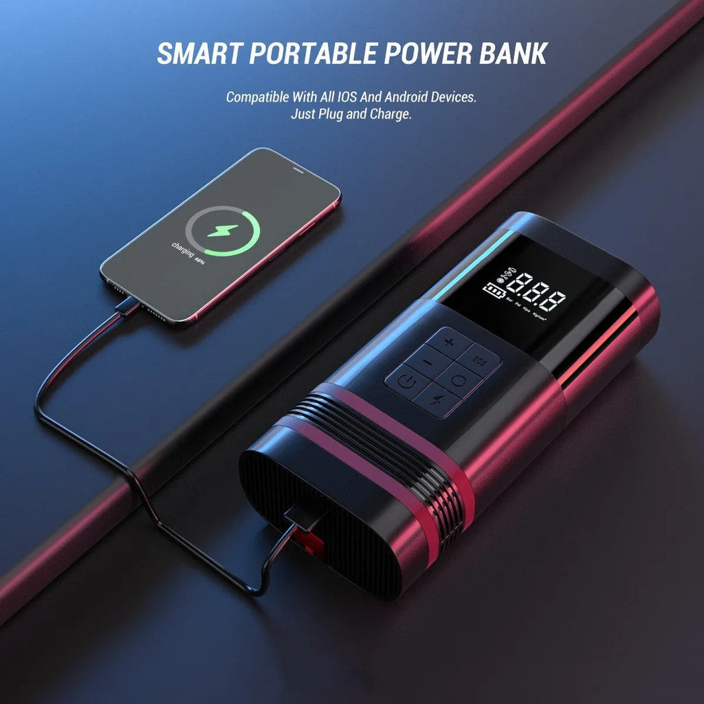 Black rectangular automobile emergency jump starter power bank with USB port and LED light.