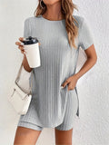 Women's black cotton crew neck short sleeve top and matching shorts suit set with ribbed detailing