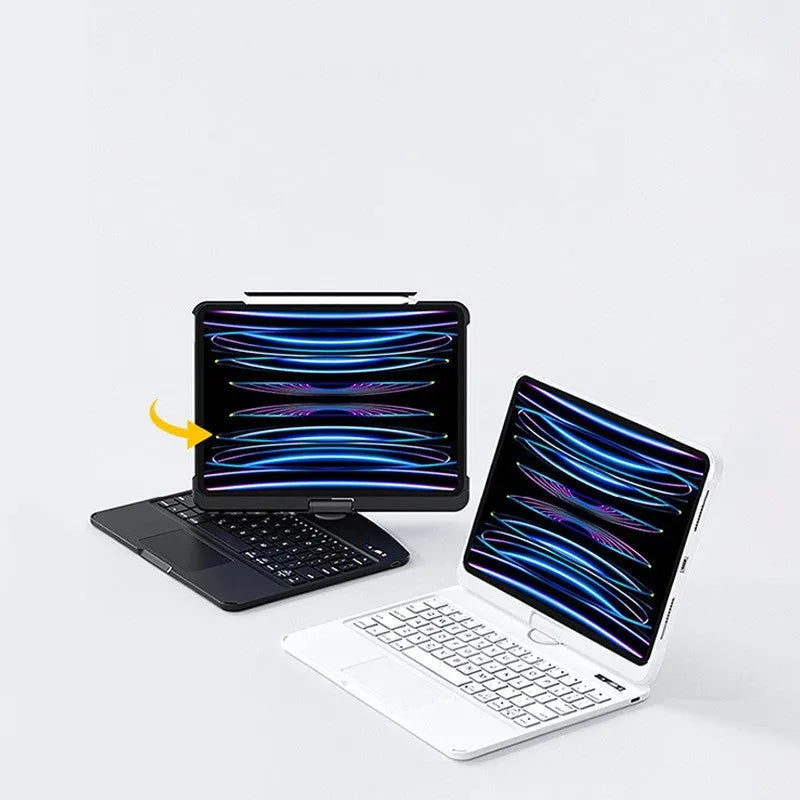 Transparent Bluetooth keyboard case for iPad Pro showing iPad visible through clear back.