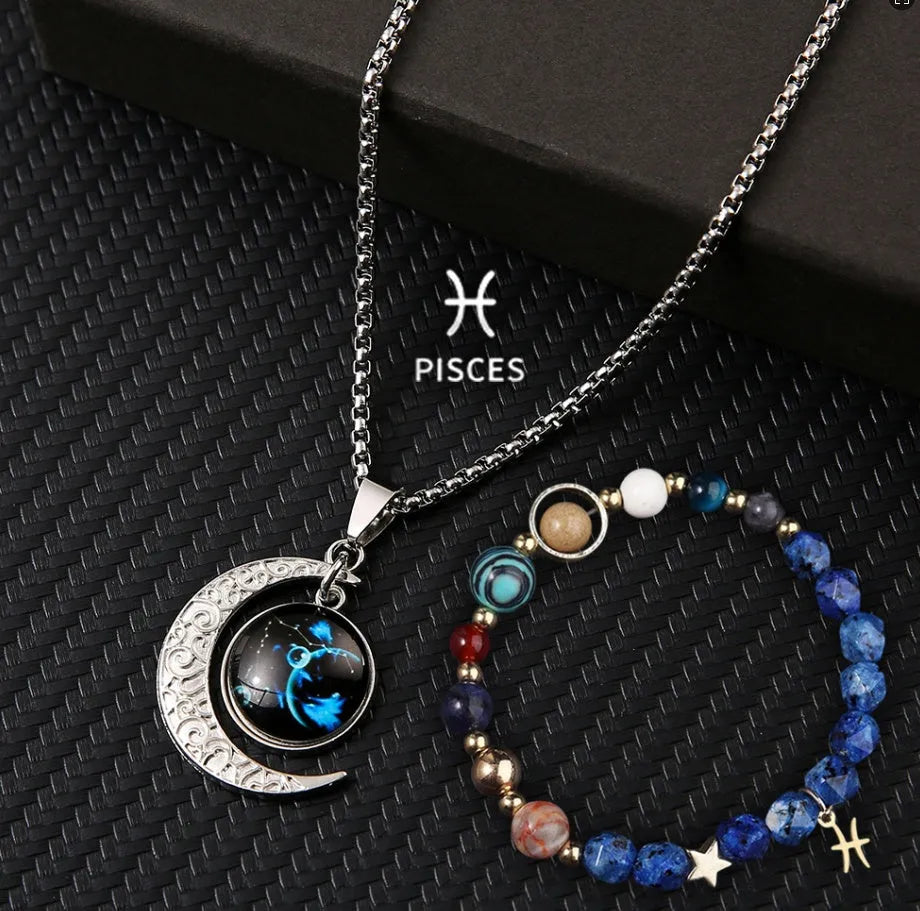 Natural stone zodiac necklace and bracelet set for all 12 star signs