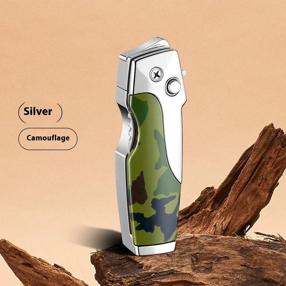 Zinc alloy metal folding lighter tool with integrated knife, shown in a carbon fibre finish.