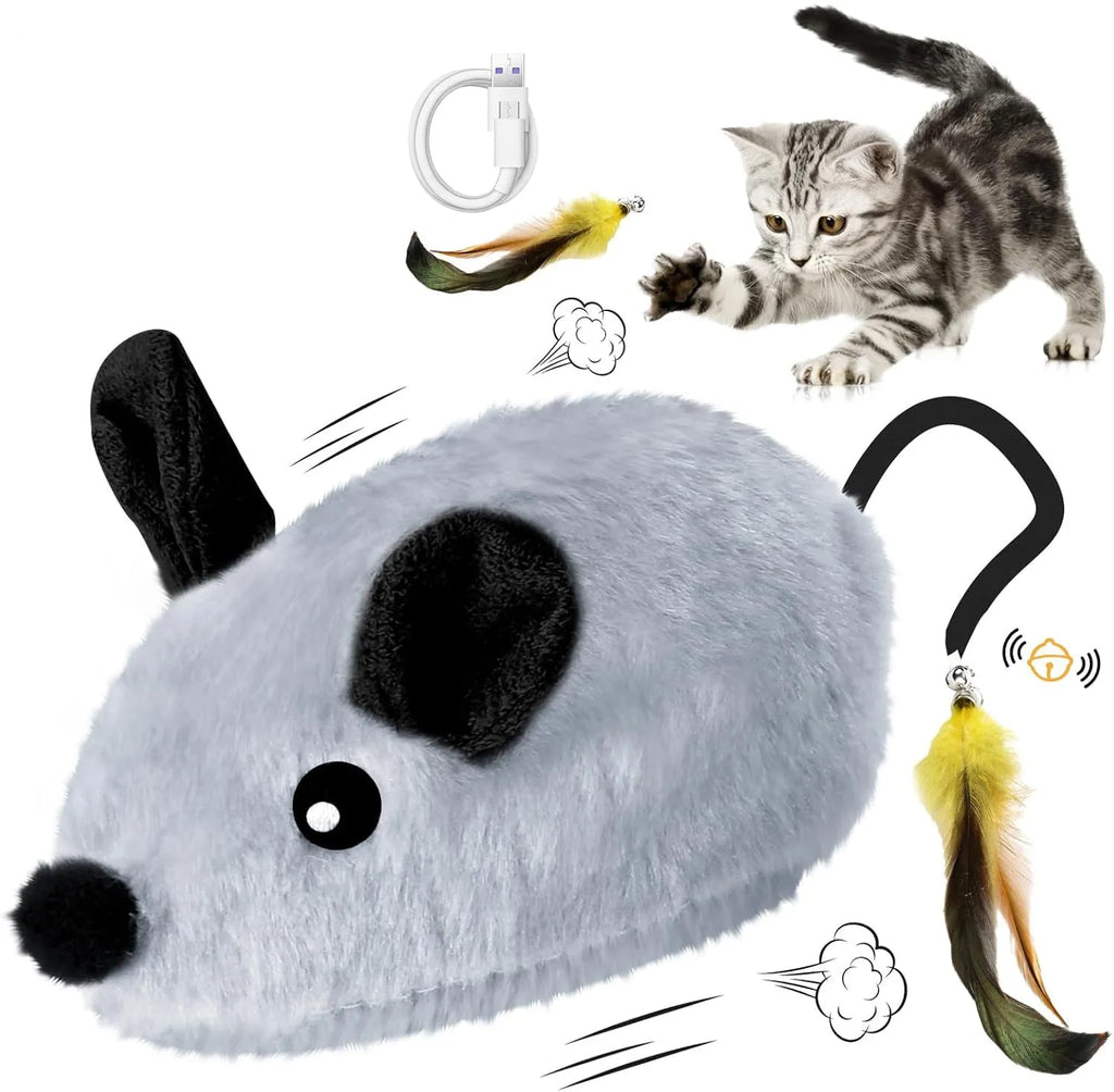 Grey and yellow plush automatic cat toy mouse with feather tail and LED lights