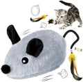 Grey and yellow plush automatic cat toy mouse with feather tail and LED lights