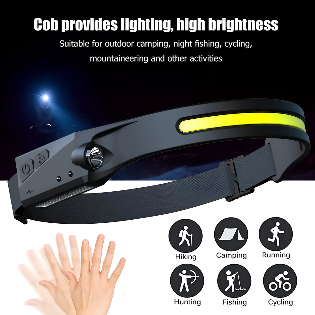 Black silicone USB rechargeable LED headlamp with side wave sensor, showing wide beam and long-range lighting.