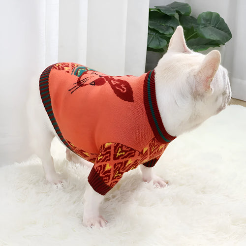 Cartoon design wool dog sweater with button front in rabbit, pig, strawberry, or flower patterns
