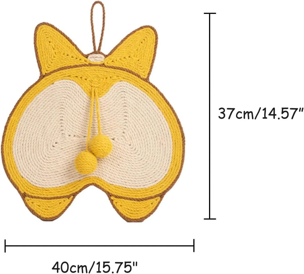 Yellow corgi butt design sisal cat scratching board measuring 37 by 40 centimetres with anti-slip base