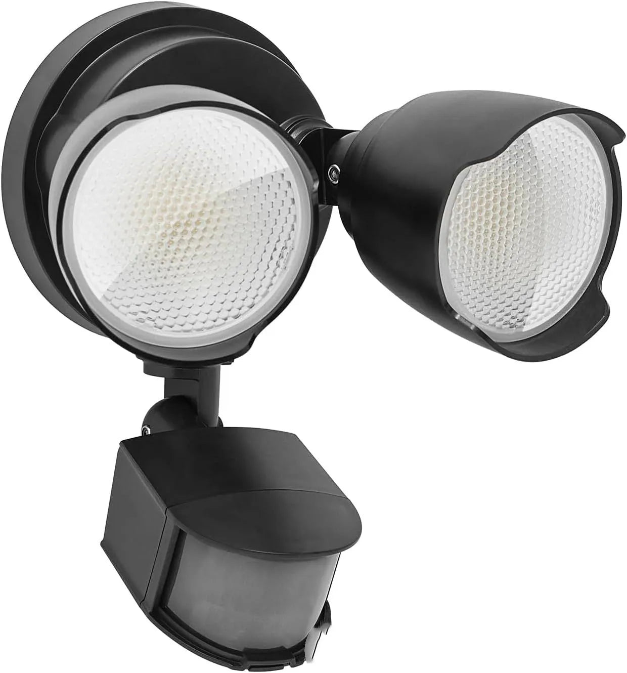White or black LED security flood light with motion sensor for outdoor courtyard or garage use