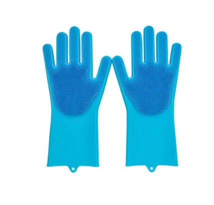 Blue silicone cleaning gloves with a textured sponge palm design for scrubbing.