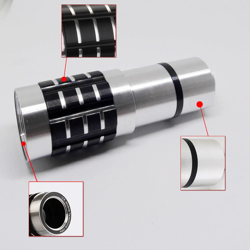 Universal 12x telescopic telephoto lens with collar clip mount for smartphones