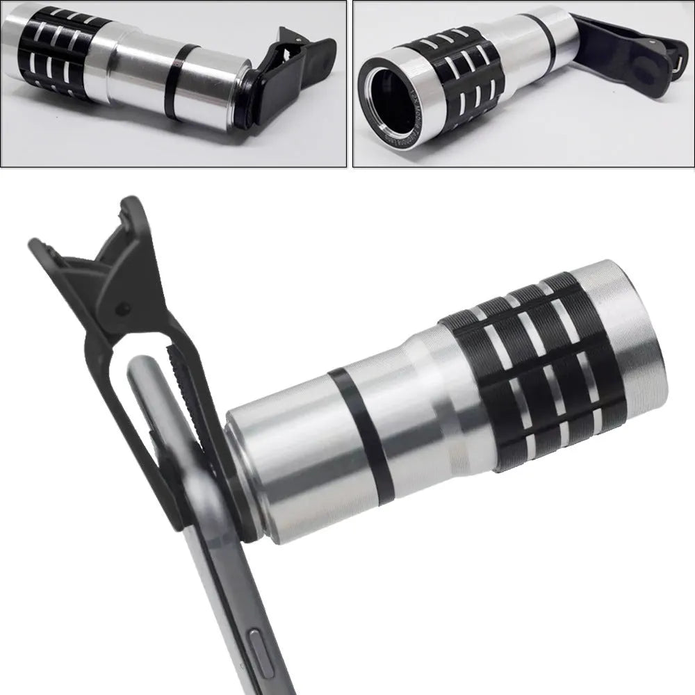 Universal 12x telescopic telephoto lens with collar clip mount for smartphones