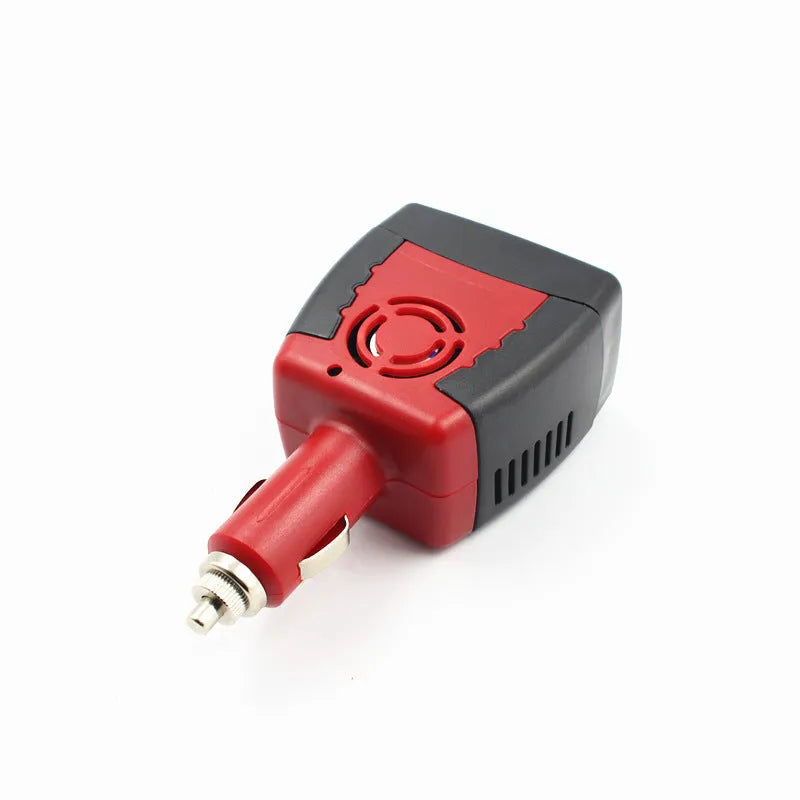 Black and red 150W car inverter converting 12V DC to 110V AC with USB port