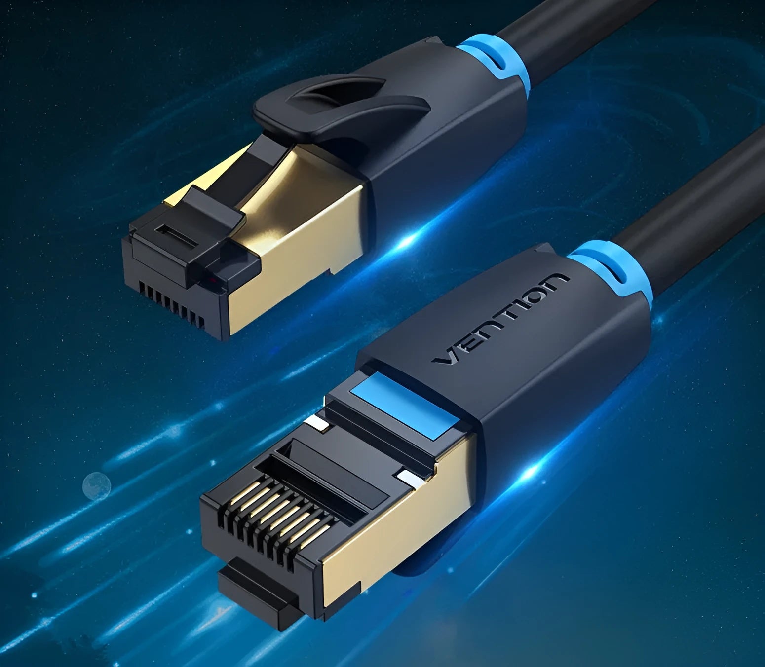 Flat and round styles of a black Cat8 shielded Ethernet cable with RJ45 plugs on a wood desk.