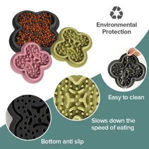 Silicone slow feeder licking pad for pets in various colours on a kitchen counter.
