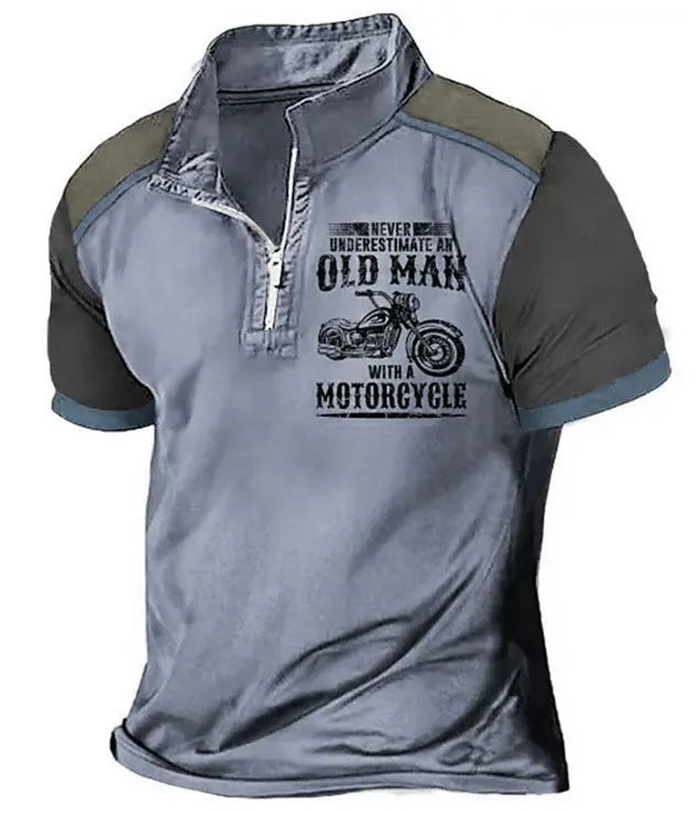 Men's casual lapel polo shirt with digital letter print and zipper decoration detail on sleeve.