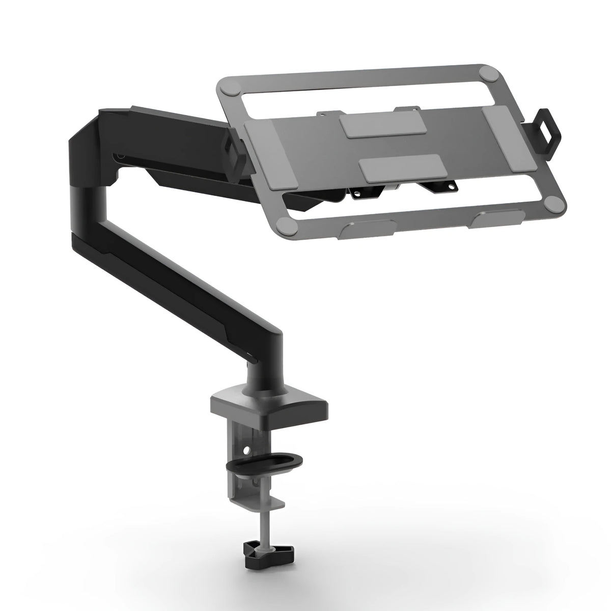 Black laptop mechanical arm bracket with lifting mechanism on a desk