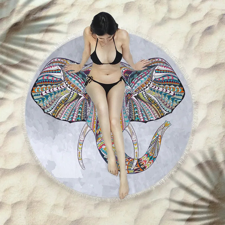 Fringed round beach towel 150x150 cm in flower colour made from polyester microfiber