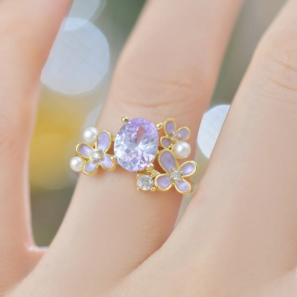 Women's floral open ring with zirconia stones in yellow or light purple electroplated metal