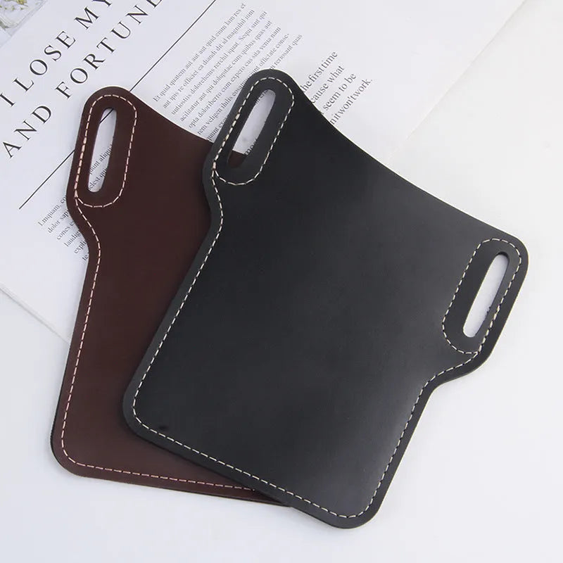 Men's PU square vertical waist belt bag in black, designed for oversized phones, front view