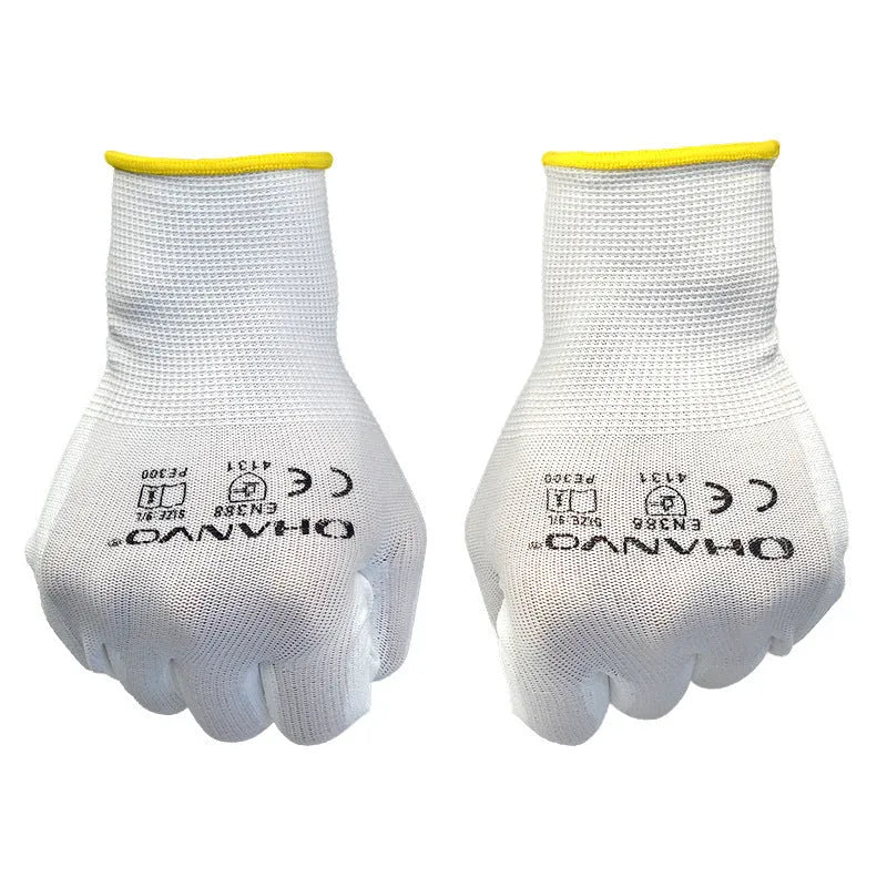 Pack of 10 white PU coated labour gloves showing the wrist length and textured coating.