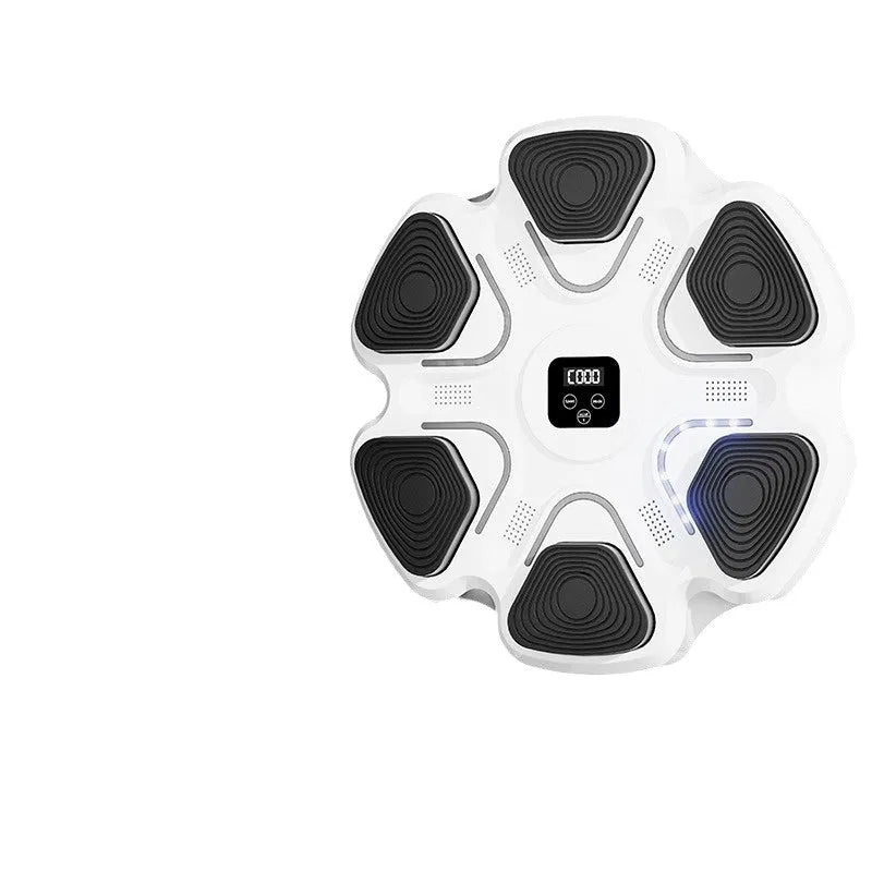 Smart electronic music boxing reaction training target wall unit with gloves, shown in white finish.