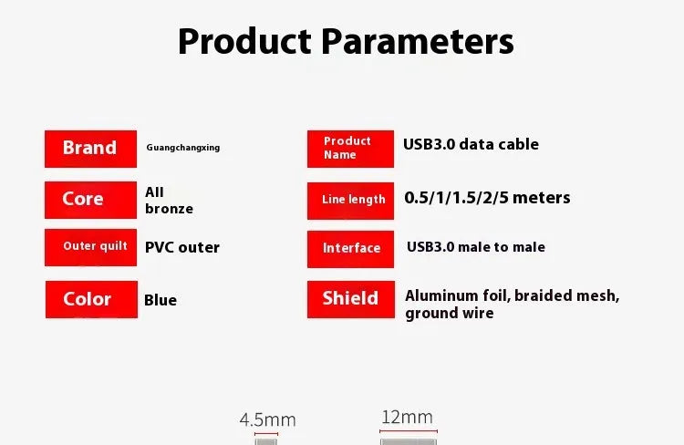 USB 3.0 male-to-male data cable with nickel-plated connectors, multiple lengths available
