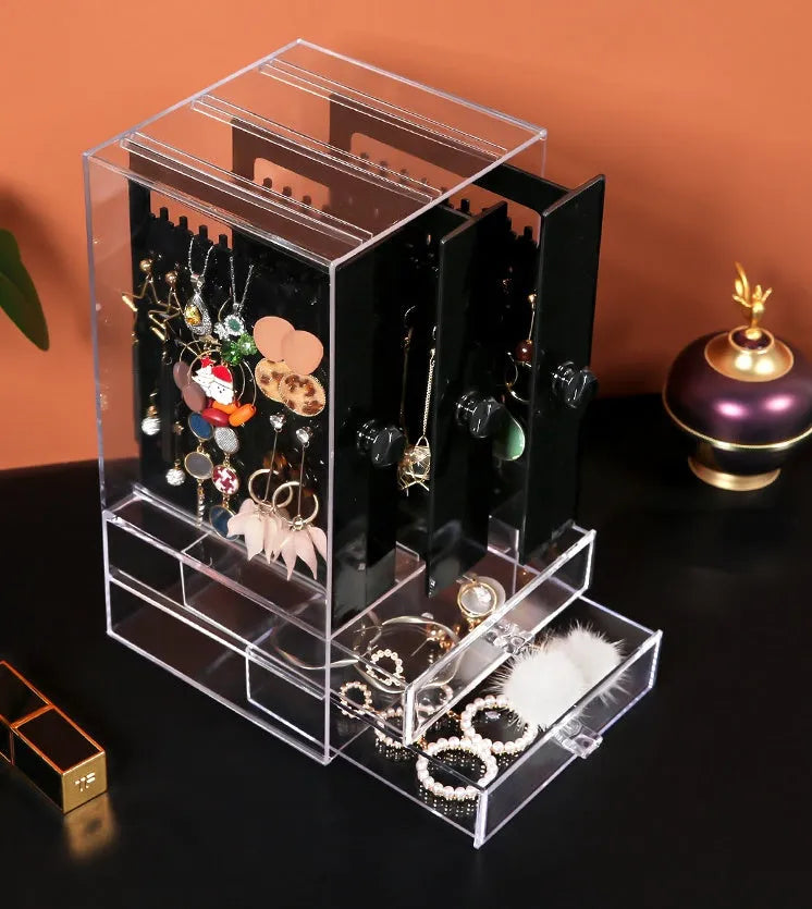 Acrylic cosmetic storage box in white plastic with clear sides, dimensions 13.5x13x24.7 cm, for makeup organisation