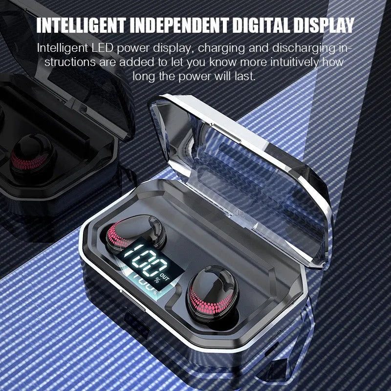 Black X10 Bluetooth wireless headset and charging case on a white background.