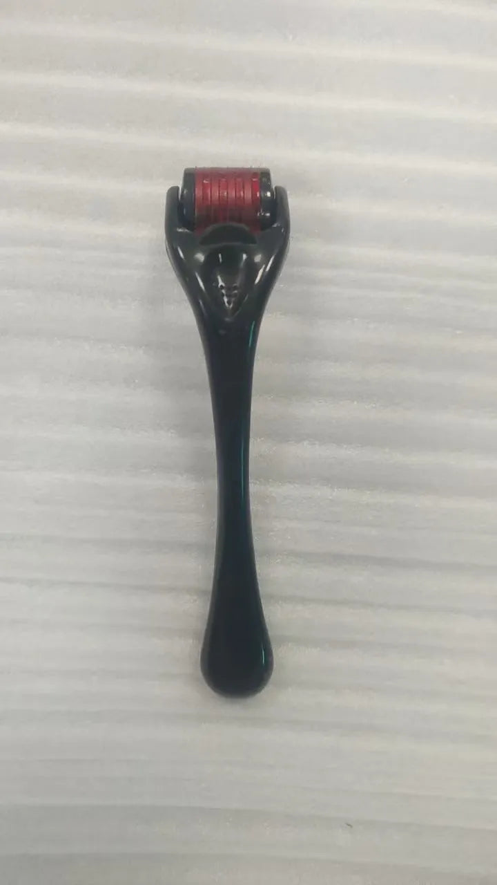 540 micro needle derma roller with black handle and purple wheel, showing adjustable needle sizes.
