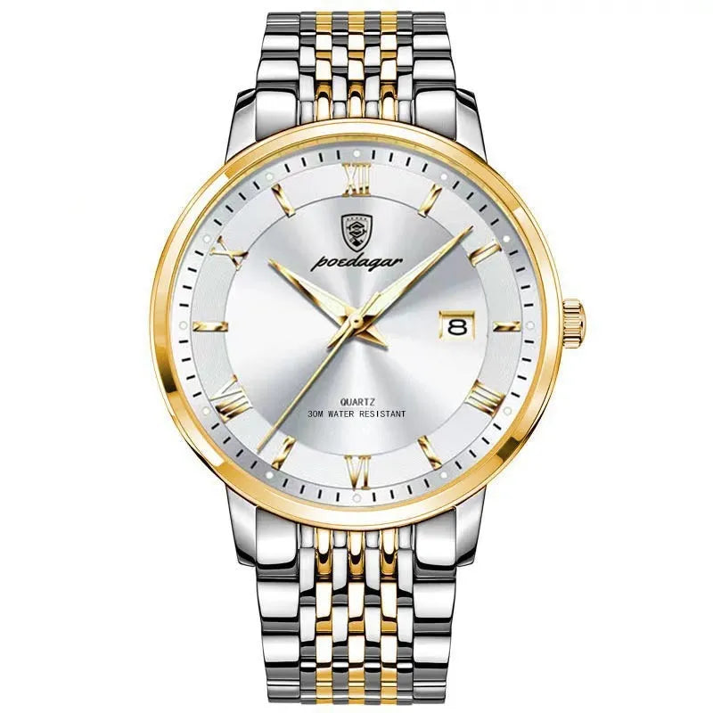 Men's quartz watch with waterproof luminous display and calendar, 41mm precision steel case, mineral reinforced mirror