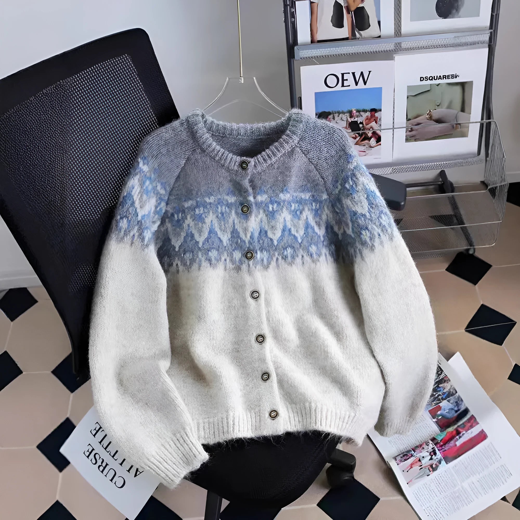 Women's loose fit polyester jacquard sweater coat in milky white