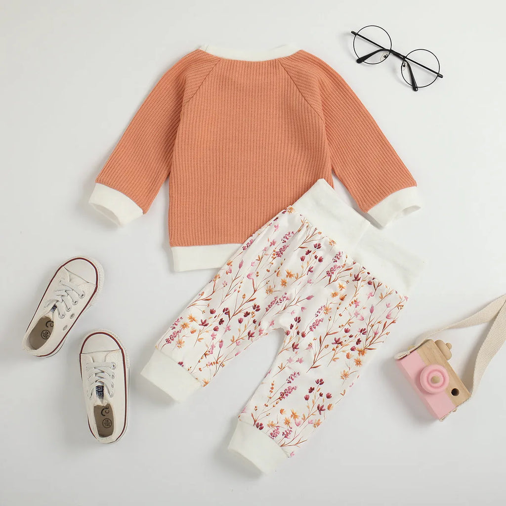 Children's autumn cotton long-sleeve two-piece suit with rainbow pattern in khaki and blue gray options