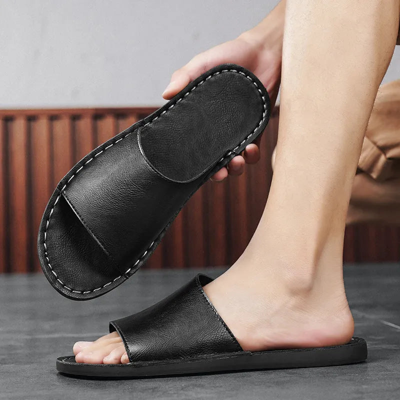 Men's brown leather outdoor sandals with rubber soles for summer casual wear