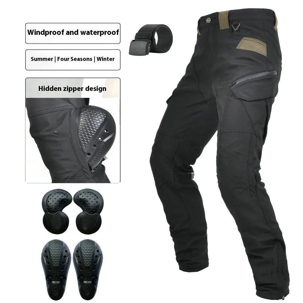 Men's green waterproof motorcycle cycling trousers with belt and protective gear on hanger.