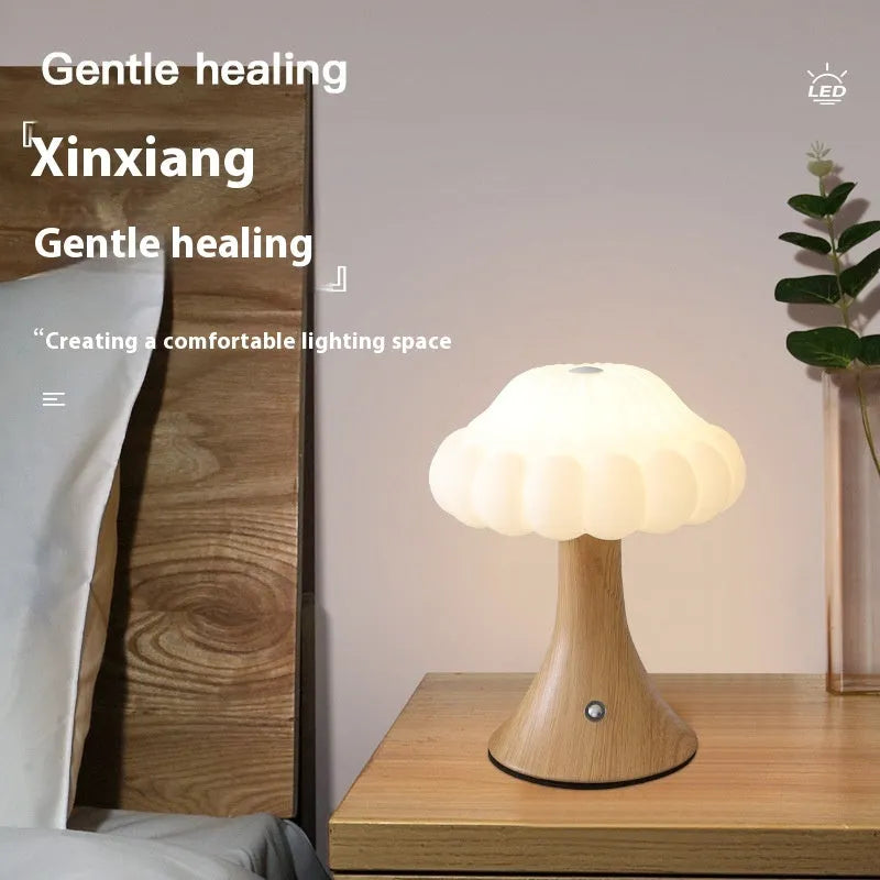 Creative mushroom-shaped touch night lamp in wood grain, white, cream, grey, or black colour options