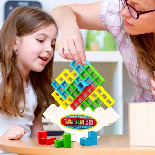 Plastic balance stacking game with 16 colourful blocks on chassis base for kids age 3+