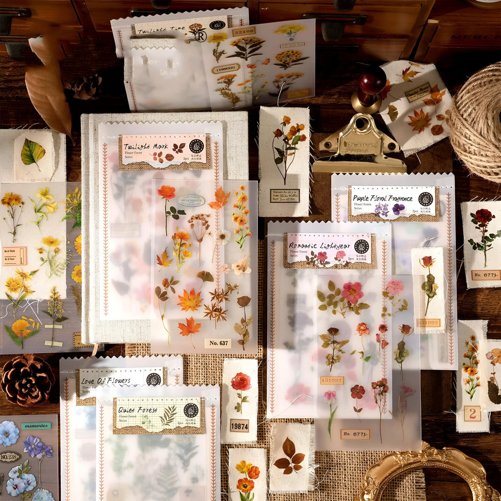 Huazhisen forest art sticker pack showing six colour designs on transfer and cotton linen paper sheets