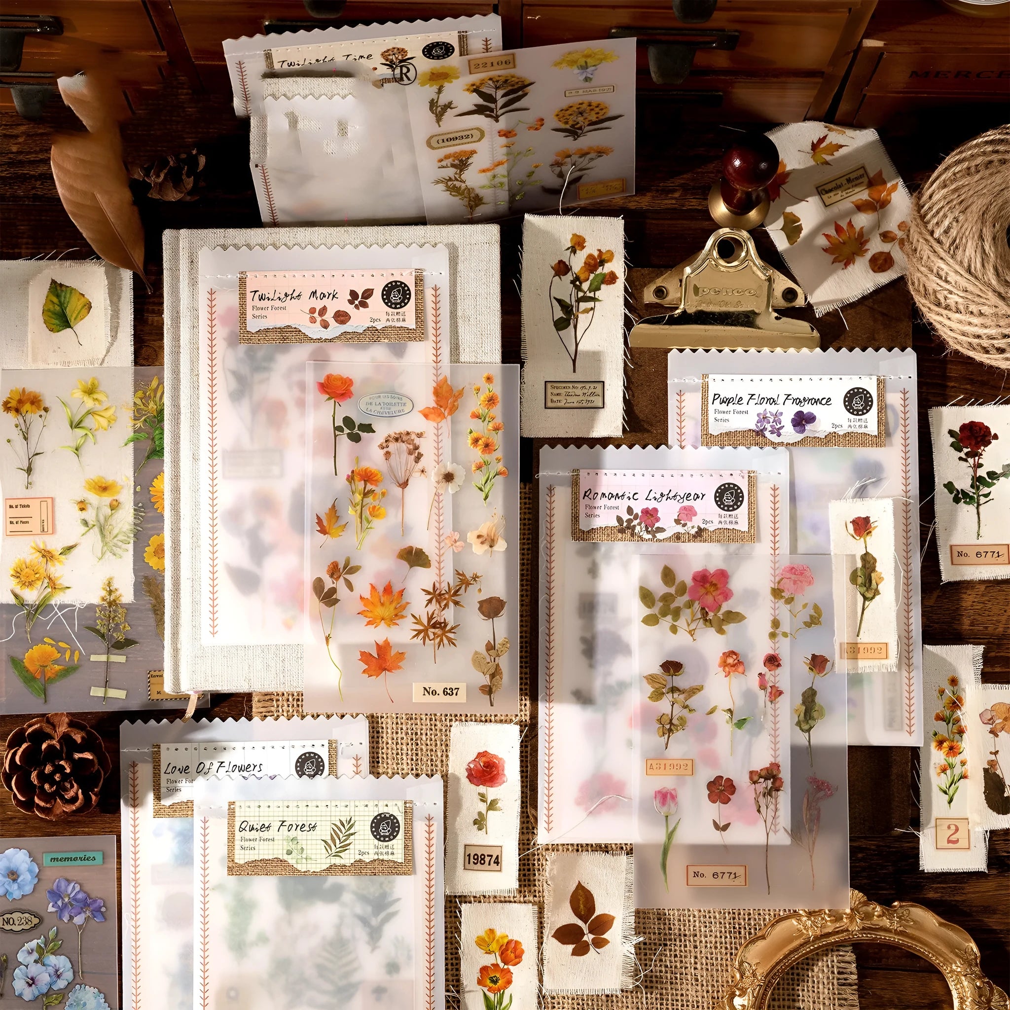 Huazhisen forest art sticker pack showing six colour designs on transfer and cotton linen paper sheets