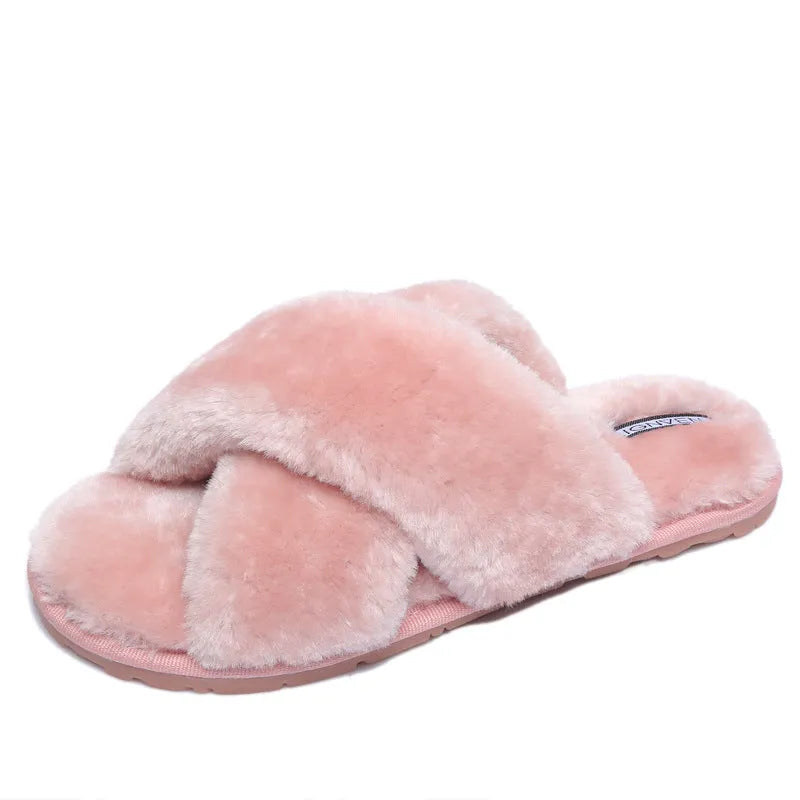 Women's cross open-toe fur slippers with patterned non-slip soles in multiple colour options