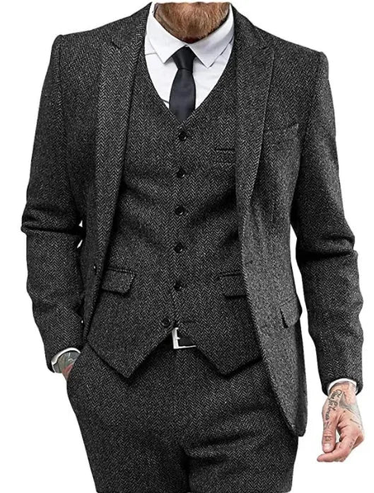 Men's three-piece viscose blend suit set with flat collar, two-button closure, black colour, front view