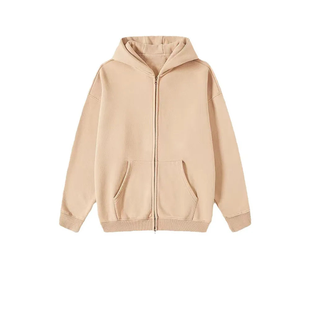 Men's washed cotton hooded cardigan with fleece lining and double zipper front.