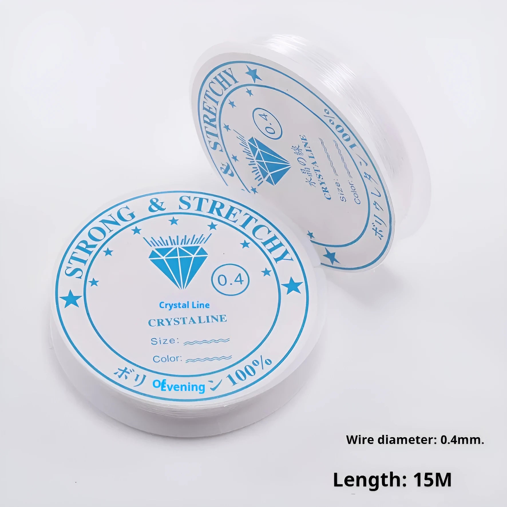 Coil of transparent white elastic fishing line cord for DIY jewellery and ornament making.