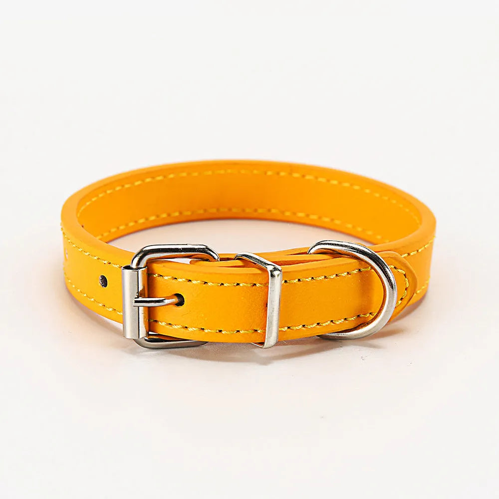PU leather dog collar in Coffee colour, S size 1.0x30cm, with metal buckle on white background