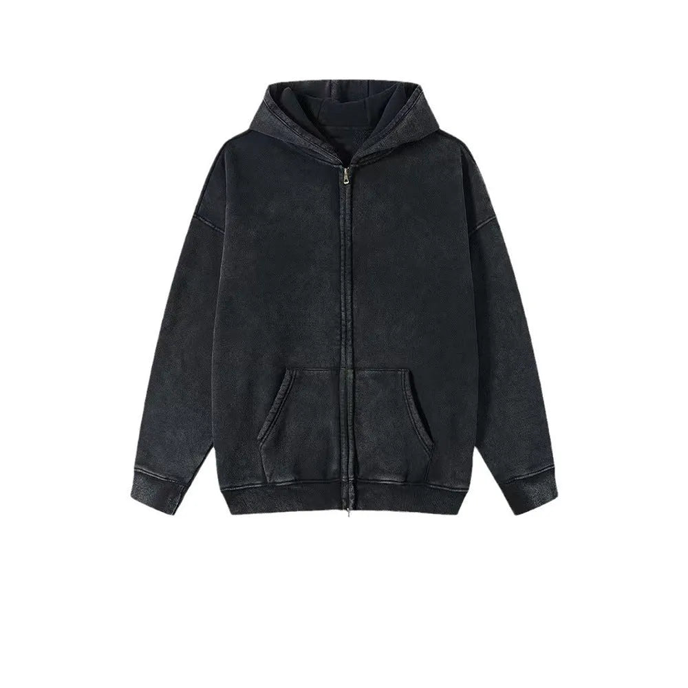 Men's washed cotton hooded cardigan with fleece lining and double zipper front.
