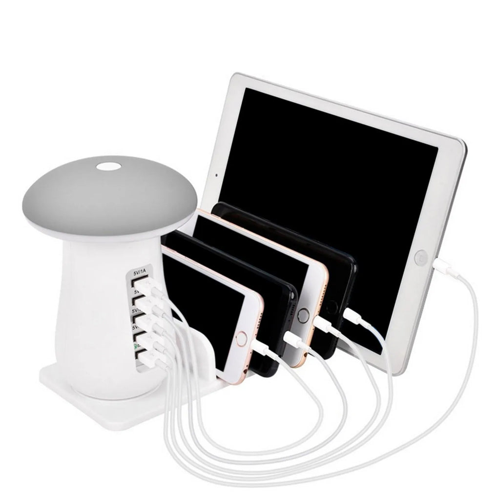 Mushroom-shaped USB charging dock station with five ports and integrated LED night lamp on desktop