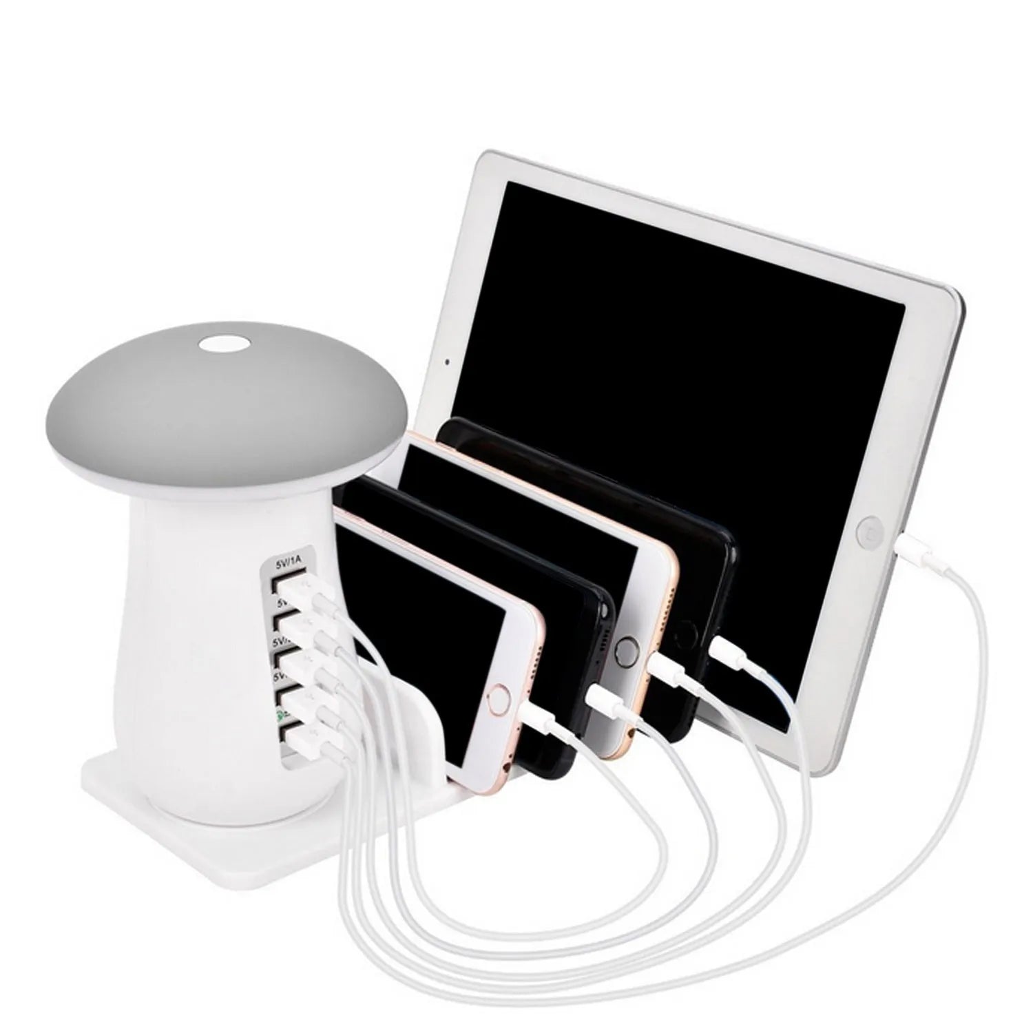 Mushroom-shaped USB charging dock station with five ports and integrated LED night lamp on desktop